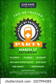 Typography Poster Or Flyer Template For St. Patricks Day Party. Vintage Beer Label On The Green Background With Light Effects