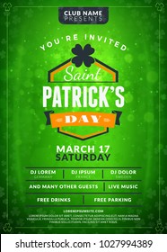 Typography poster or flyer template for St. Patricks day party. Vintage beer label on the green background with light effects