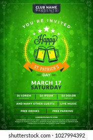 Typography poster or flyer template for St. Patricks day party. Vintage beer label on the green background with light effects