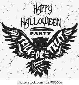 Typography poster with flying owl and quote. Trick or treat. Happy Halloween. Hand drawn lettering. For print on t-shirt and bags, greeting card or invitation.