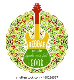 Typography poster with guitar on ornate mandala background. Reggae music make me feel good. Jamaica theme. Design concept in reggae colors for banner, card, t-shirt, print, poster. Vector illustration