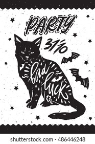 Typography poster for Halloween party with black cat, bat silhouette and quote "bad luck". Happy Halloween. Hand drawn lettering.