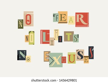 Typography poster with hand drawn elements. No fear no limits no excuses. Inspirational quote in pop art style. Concept design for t-shirt, tattoo, print, poster, card. Vector illustration