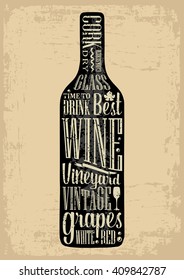 Typography poster lettering text in silhouette Wine bottle. Vintage vector engraving illustration. Advertising design for pub on beige background.