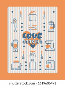 Typography poster with line icons kitchen supplies, vector illustration. Kitchenware appliance store catalog, household culinary utensils booklet cover. Modern icons of french press, mixer and toaster