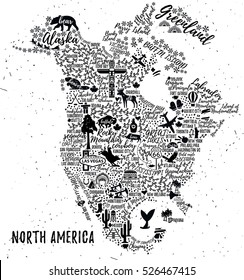 Typography poster. North America map. North America travel guide.