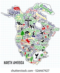 Typography poster. North America map. North America travel guide.