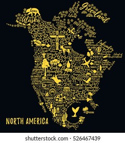 Typography poster. North America map. North America travel guide.