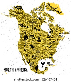 Typography poster. North America map. North America travel guide.