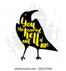 Typography poster with raven and castle. Happy Halloween. Hand drawn lettering. For print on t-shirt and bags, greeting card or invitation