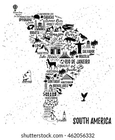 Typography poster. South America map. South America travel guide.