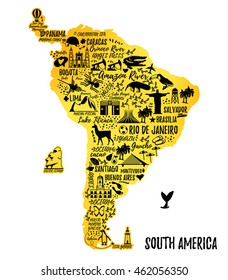 Typography poster. South America map. South America travel guide.