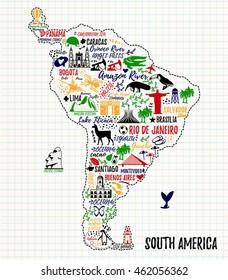 Typography poster. South America map. South America travel guide.