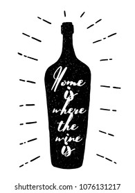 Typography poster with wine bottle silhouette, sunburst and lettering. Vector handwriting illustration for advertising bar, pub menu, prints, labels and logo design.