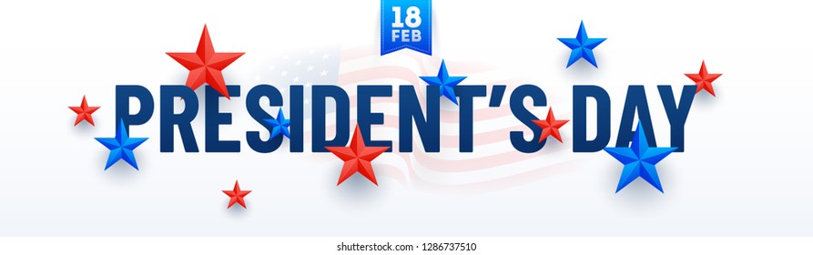 Typography of President's Day decorated with stars in USA flag color on white background. Header or banner design.