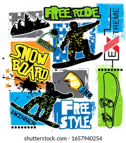 typography print with boy on snowboards. Extreme background for graphic tees, kids wear, textile and more