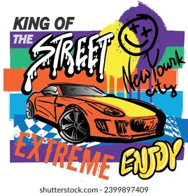 Typography print with car illustration. Speed slogan. For graphic tees, kids wear, card and more
