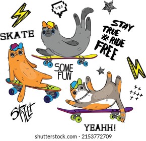 Typography print with cat on skate. Original design print for T-shirts, textiles, wrapping paper, web.  