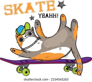 Typography print with cat on skate. Original design print for T-shirts, textiles, wrapping paper, web.  