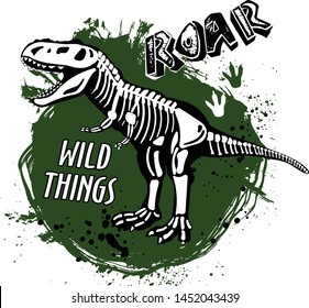 Typography print with dinosaur skeleton . Original design with t-rex, dinosaur. print for T-shirts, textiles, wrapping paper, web. 