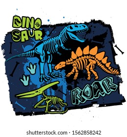 Typography print with dinosaur skeleton . Original design with t-rex, dinosaur. print for T-shirts, textiles, wrapping paper, web. 