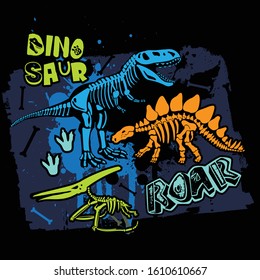 Typography print with dinosaur skeleton . Original design with t-rex, dinosaur. print for T-shirts, textiles, wrapping paper, web. 