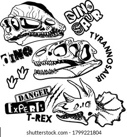 Typography print with dinosaur skeleton . Original design with t-rex, dinosaur. print for T-shirts, textiles, , web. 