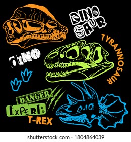 Typography print with dinosaur skeleton . Original design with t-rex, dinosaur. print for T-shirts, textiles, , web. 