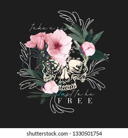 Typography print flowers with skull illustration