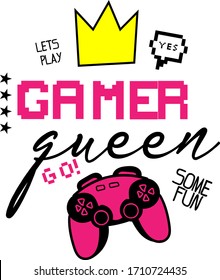 typography print for girls.  background with pink joystick and slogan Gamer queen
