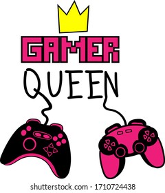 typography print for girls.  background with pink joystick and slogan Gamer queen
