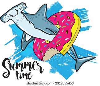 Typography print with Hand drawn summer shark  background for boys and girls,  For prints, T-shirts, textiles,fabric, web. 