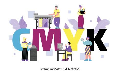 Typography or print house banner concept with word CMYK behind cartoon people, flat vector illustration isolated on white background. Printing and polygraphy service.