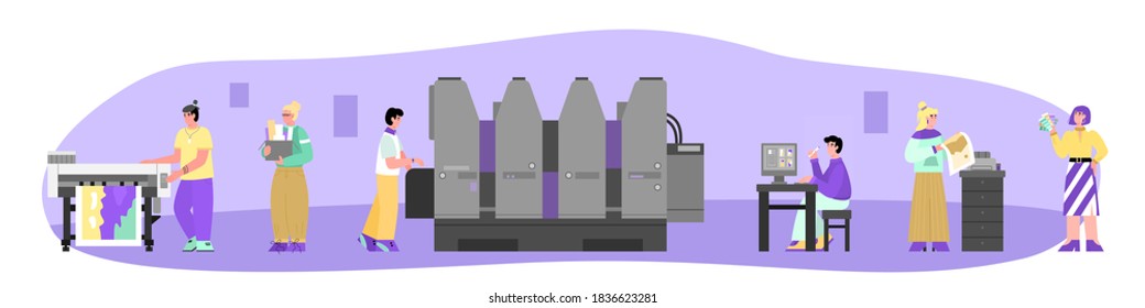 Typography or print house interior with people working on modern equipment for offset print, flat cartoon vector illustration isolated on white background.
