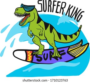 Typography print for kids. Dinosaur on surf