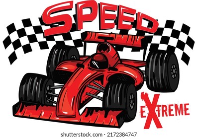 Typography print with Speed red  race car illustration. Speed slogan. For graphic tees, kids wear, card and more
