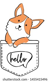 typography print for  t shirt with corgi in pocket . Cute  puppy print , for clothes, banner, girls, women, child. hand 