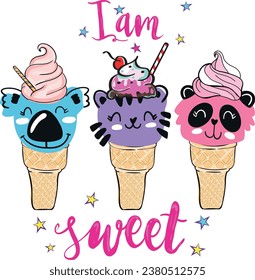 typography print for  t shirt with original  calligraphic text and animal face in icecream. Cute  slogan, for clothes, banner, girls, women, child. hand written  text - Beautiful