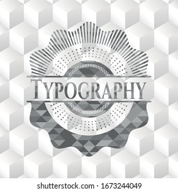 Typography realistic grey emblem with cube white background