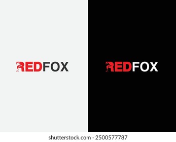 Typography Redfox text design. Font. Creative Fox text design with red color. Redfox wordmark logo design with a fox head. Modern wolf concept.