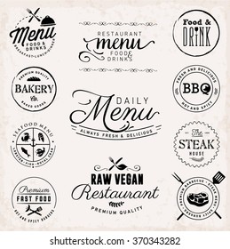 Menüelemente des Typografie-Restaurants und Abzeichen der Speisen und Getränke