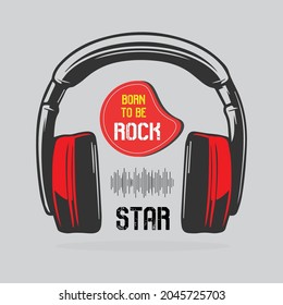 typography rock star with headphones, music cover, logo, emblem, concept design, t shirt graphics, vector icon, red