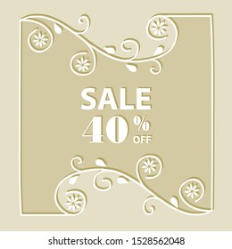 typography: sale 40% off and swirls tree branches with leaves and flowers, vector frame background, paper cut style 