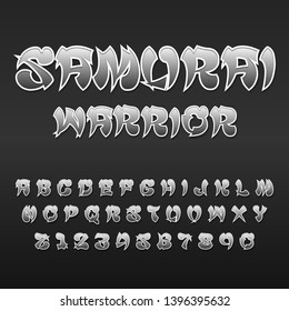 Typography Samurai Alphabet Style. Decorative Typeset Modern Font. Letters and Numbers Design Set.