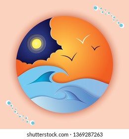 Typography scenery of blue ocean and night sky. Sunset or sunrise landscape. Paper art, craft style. Paper carve background. 3d paper layers, sea waves. Summer sale banner design with space for text