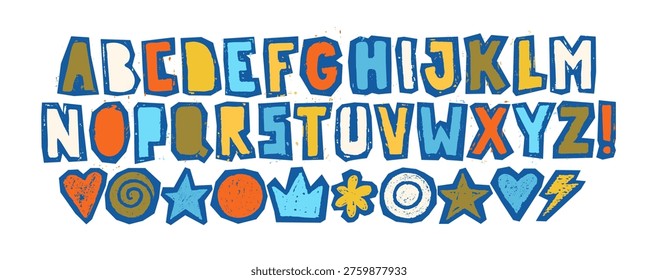 Typography scrapbook blue font with scribble alphabet. Modern abstract typeface design with letters in crayon style. Set of English alphabet, school kid vector illustration