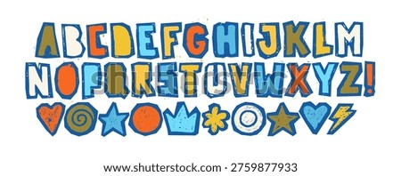 Typography scrapbook blue font with scribble alphabet. Modern abstract typeface design with letters in crayon style. Set of English alphabet, school kid vector illustration