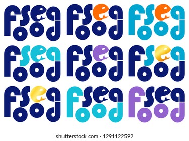 typography seafood logo with fish of different colors set