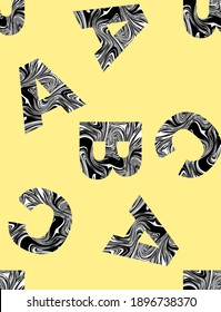Typography seamless patterns. The letters A, B, C are painted with black and white acrylic paints on a yellow background. Fashionable design of fabrics, textiles, wrapping paper. Vector.