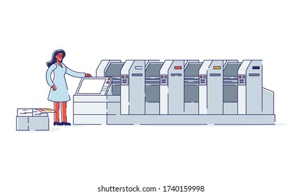 Typography service worker with professional printing equipment. Woman with offset copiers and machines working in publishing house or printshop company. Linear vector illustration